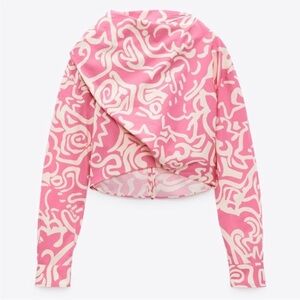 NTW Zara Tie Neck Pink and White Printed Long Sleeve Cropped Top